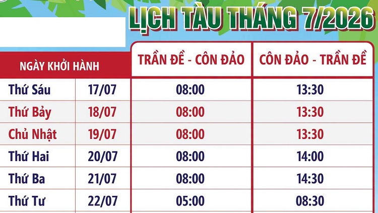 Lịch chạy tàu Trần Đề - Côn Đảo 7/2026